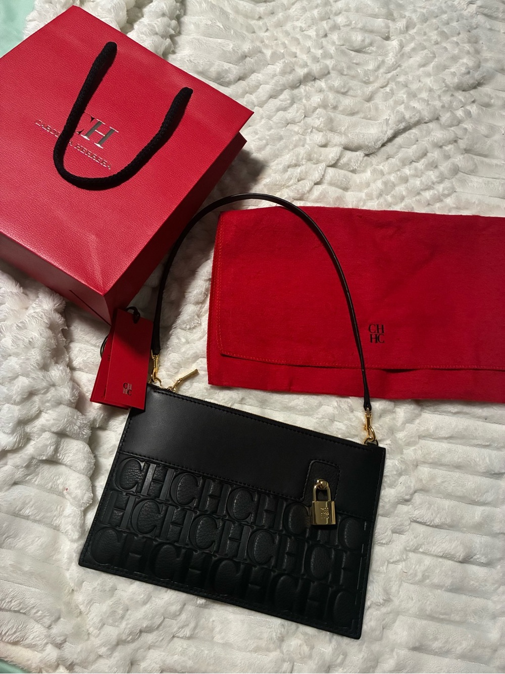 Carolina Herrera Black Embossed CH Leather Shoulder Bag with Gold Padlock